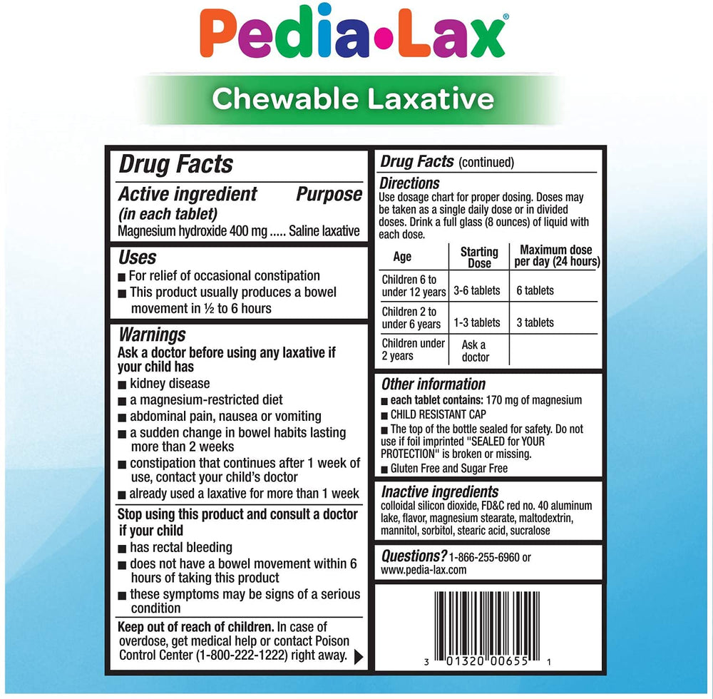 Pedia-Lax watermelon flavor chewables on table appealing to kids for easy dosing