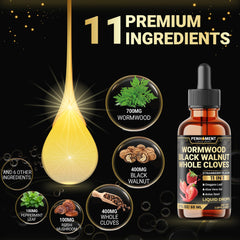 Ingredients collage featuring wormwood, walnut, cloves and more
