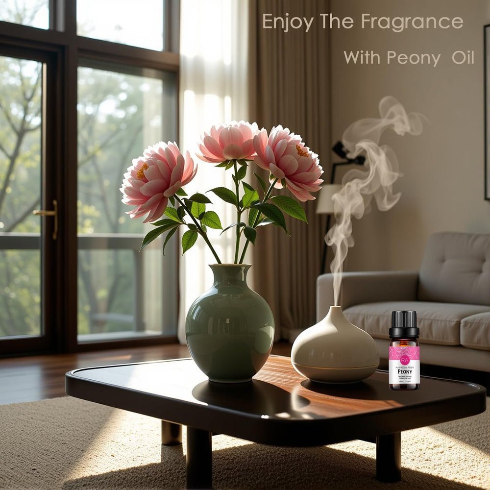 Close-up of Peony essential oil bottle with dropper