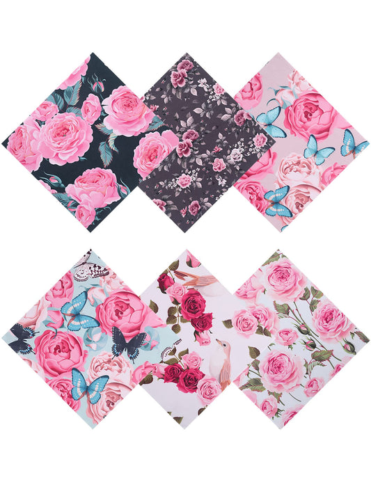Six peony-themed microfiber cleaning cloths laid flat