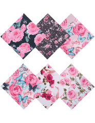 Six peony-themed microfiber cleaning cloths laid flat
