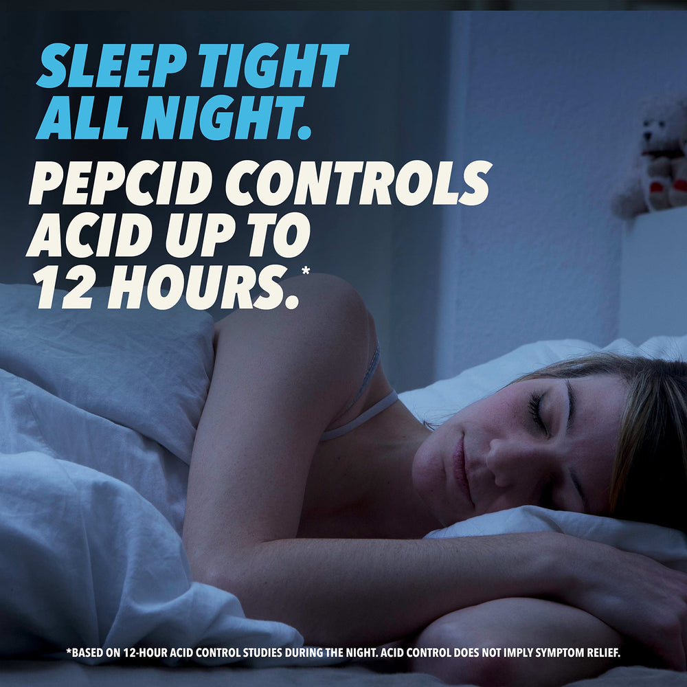 Pepcid AC 50-count package on a desk for on-the-go relief