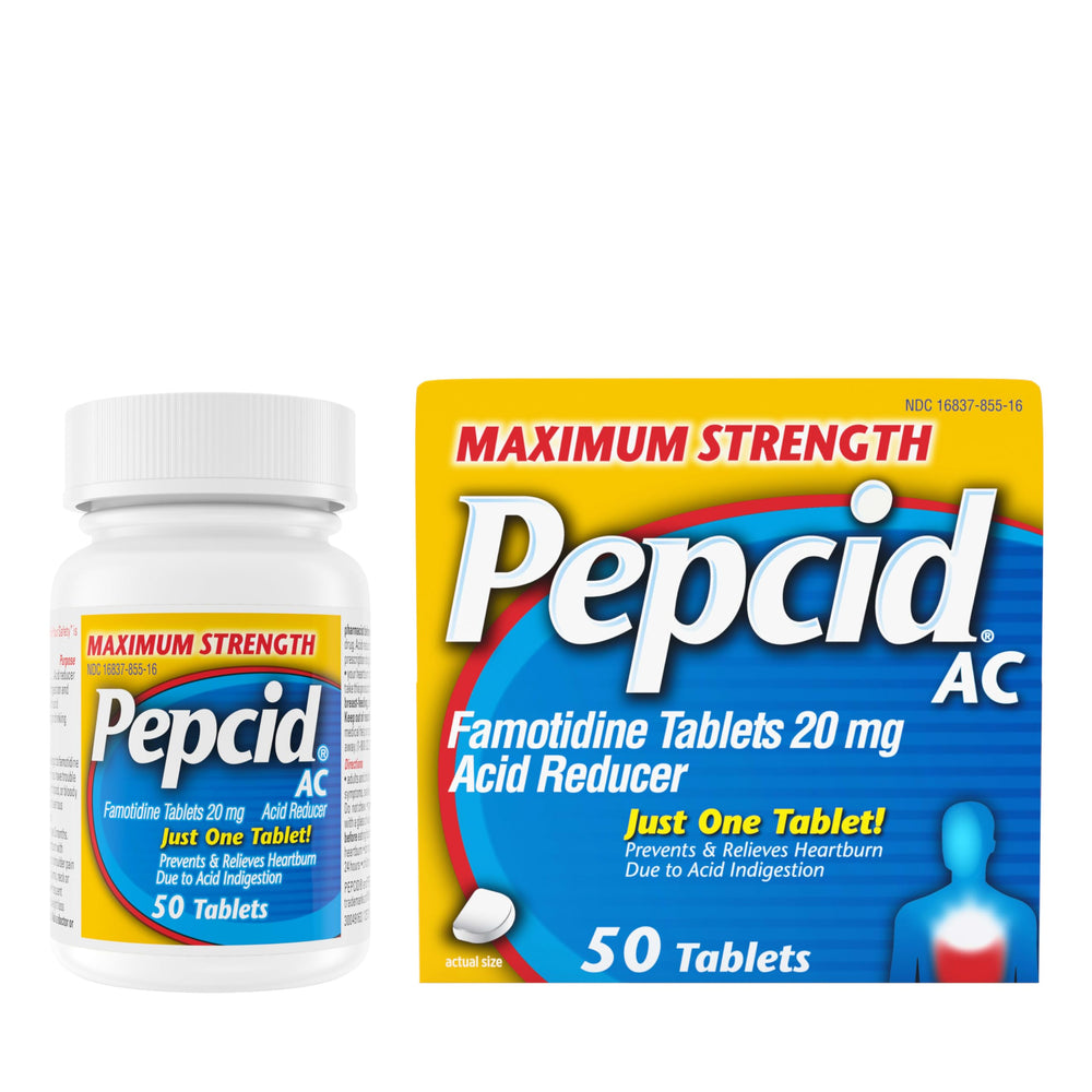 Pepcid AC blister-pack close-up showing easy portability