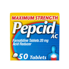 Pepcid AC maximum-strength bottle front view for fast heartburn relief on demand
