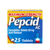 Pepcid AC maximum-strength bottle sits on a kitchen counter, offering all-day heartburn relief.