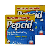 Pepcid AC maximum-strength pack two boxes ready for home use, quick heartburn relief potential