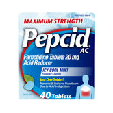 Pepcid AC maximum-strength tablets with icy-cool mint coating for quick acid indigestion relief.