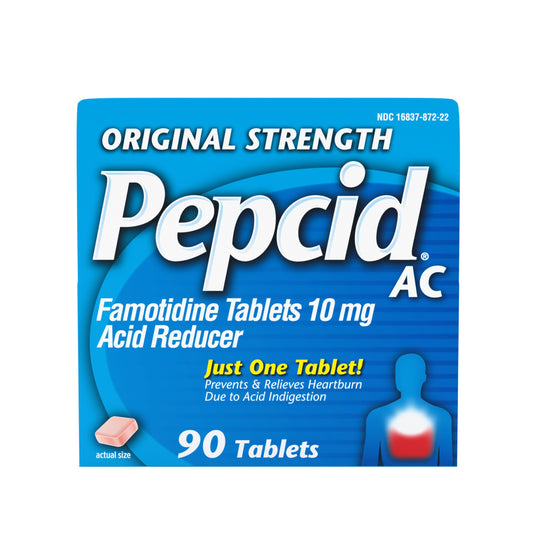 Pepcid AC Original Strength bottle front shows portable heartburn relief on the go.
