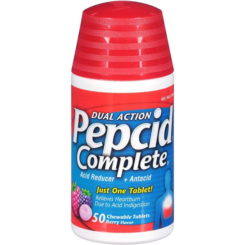 Pepcid Complete Berry Flavor chewable tablets bottle for heartburn relief and daytime use