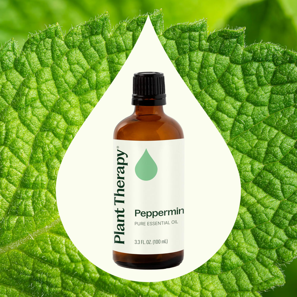 Peppermint essential oil bottle used in a diffuser