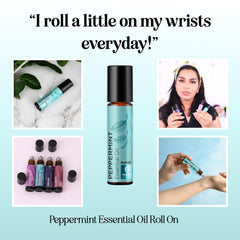 Close-up of peppermint essential oil rollerball applicator