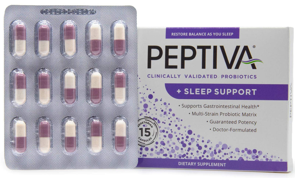 Graphic showcasing Peptiva ingredients, including six probiotic strains and sleep-support components