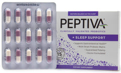 Graphic showcasing Peptiva ingredients, including six probiotic strains and sleep-support components