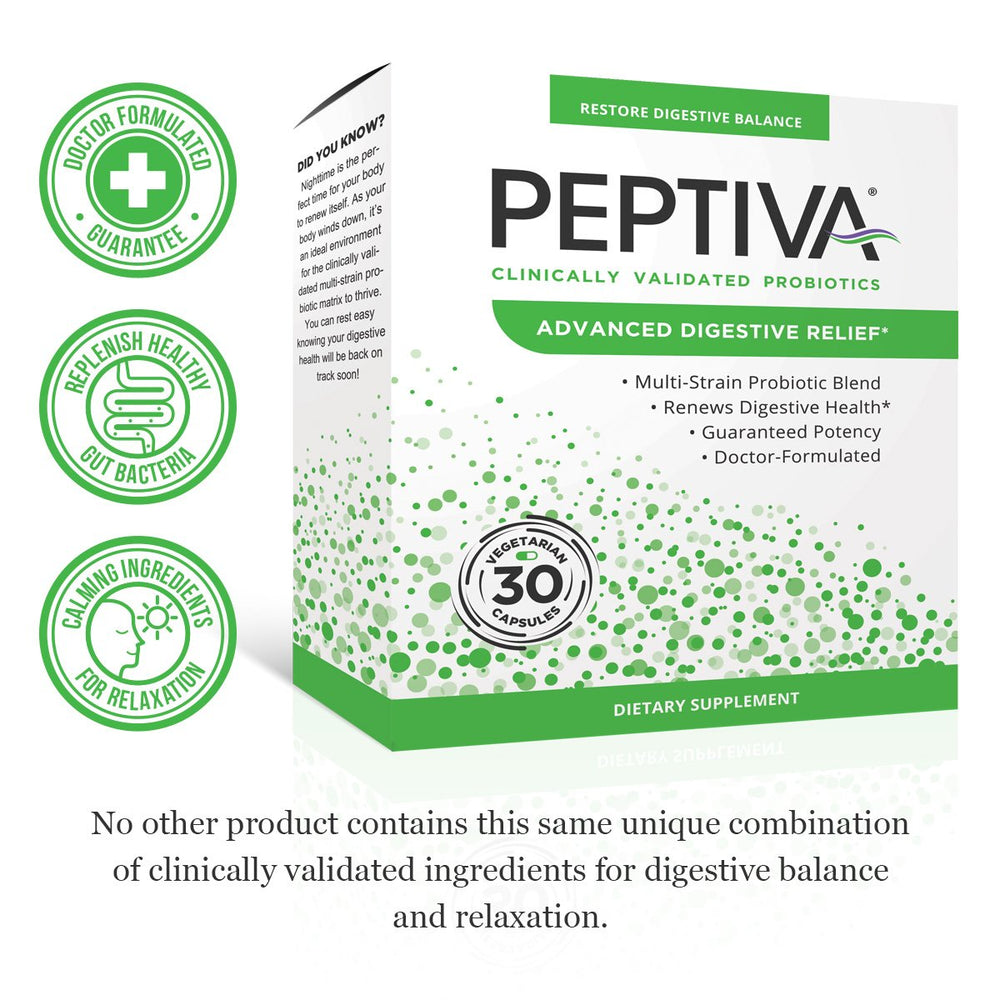 Close-up of Peptiva capsules showing 50B CFU potency