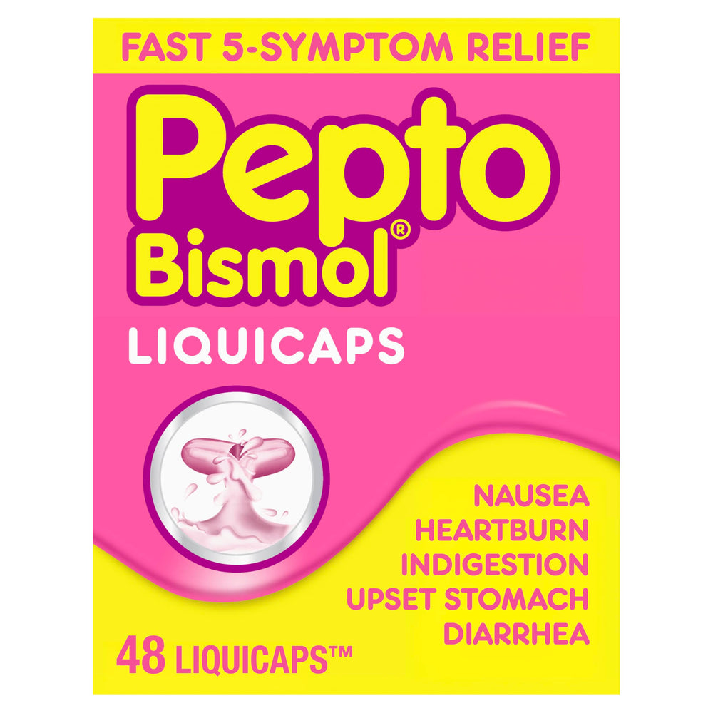 Pepto Bismol Liquicaps bottle front offers fast relief from multiple upset stomach symptoms.