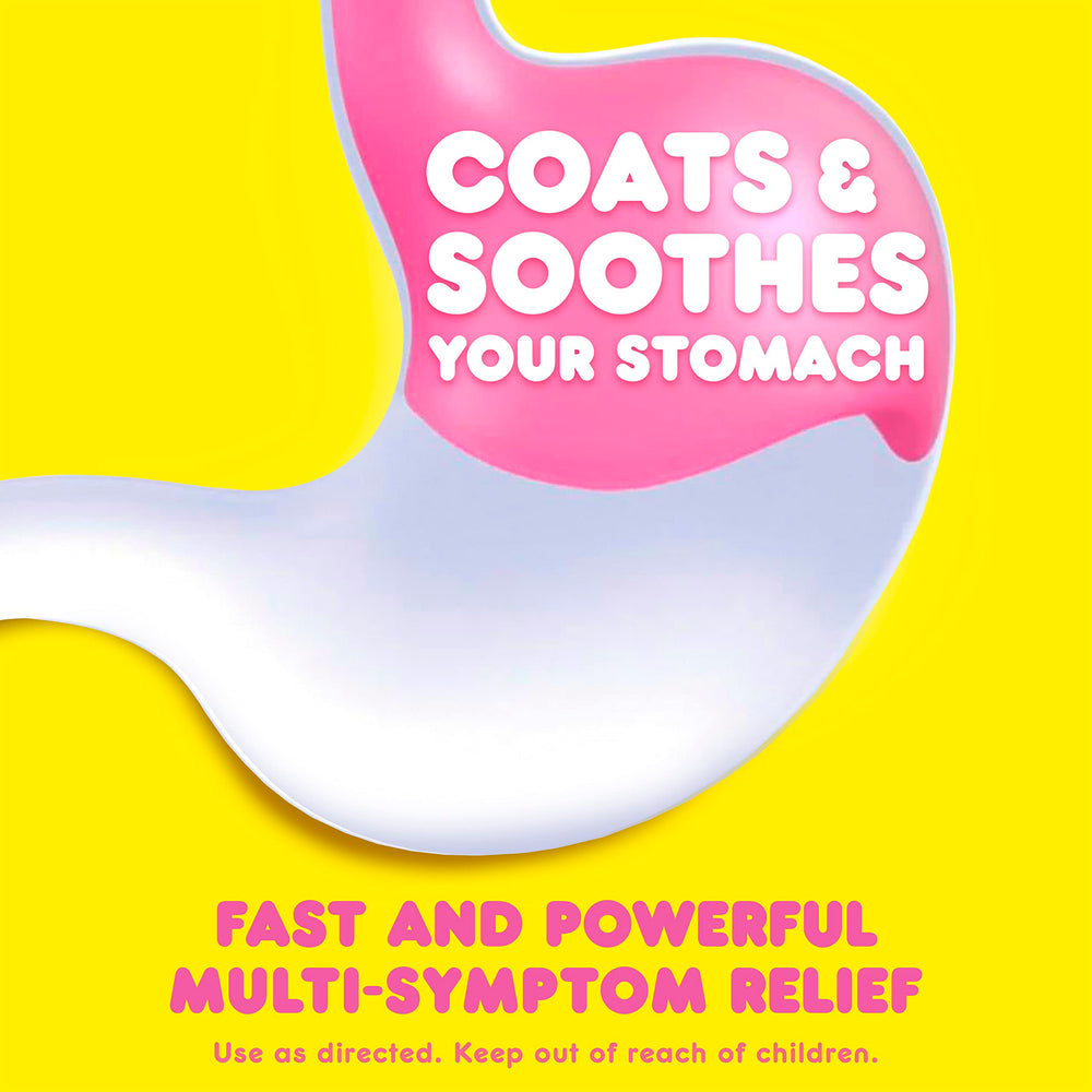 Pepto Bismol Liquicaps bottle label highlights multi-symptom relief and pharmacist endorsement.