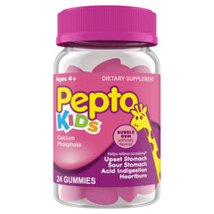 Pepto Kids Gummies shelf display in store, eye-catching kid-friendly relief option
