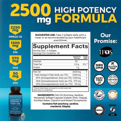 Label showing EPA 1500 mg, DHA 570 mg and DPA 50 mg per serving