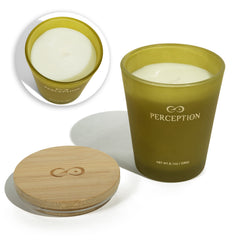 PERCEPTION AROMAS compostable bamboo lid detail emphasizes eco-conscious packaging and freshness.