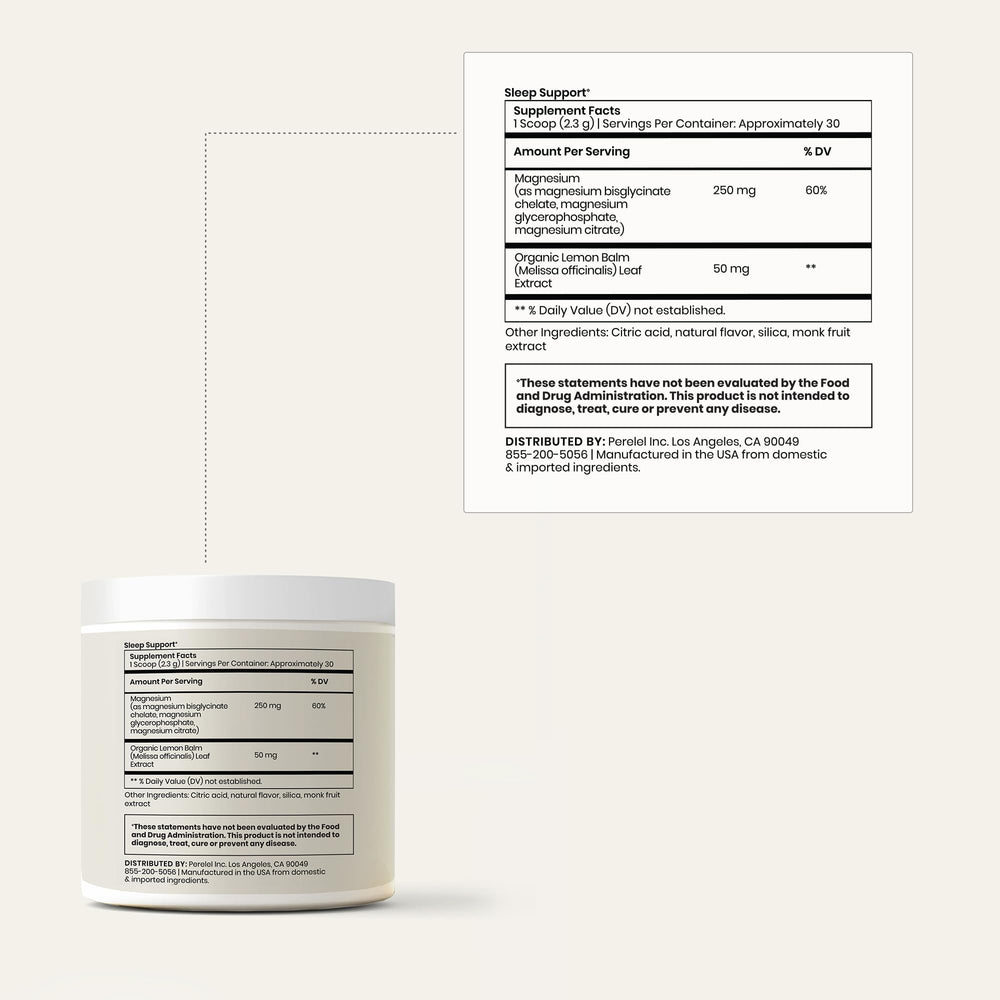Perelel Sleep Support packaging showing gluten-free, soy-free, non-GMO label