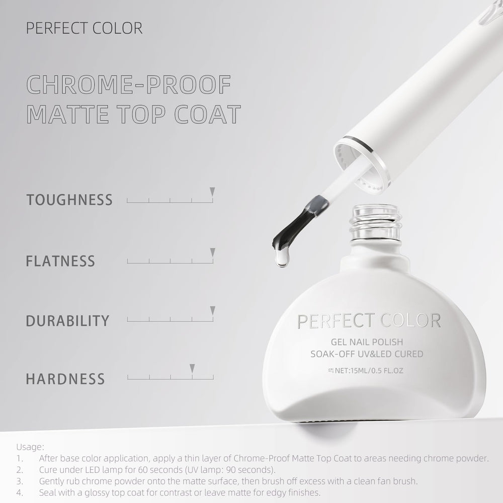 Nails showcase matte chrome finish using PERFECT COLOR top coat