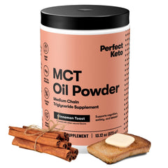 Perfect Keto 7g MCT Oil Powder packaging shows keto-friendly, dairy-free creamer option.