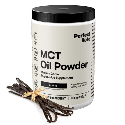 Front view of Perfect Keto 7g MCT Oil Powder Vanilla 30 Servings package