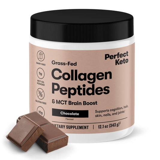Jar of Perfect Keto Collagen Peptides Powder with MCT Oil in chocolate flavor