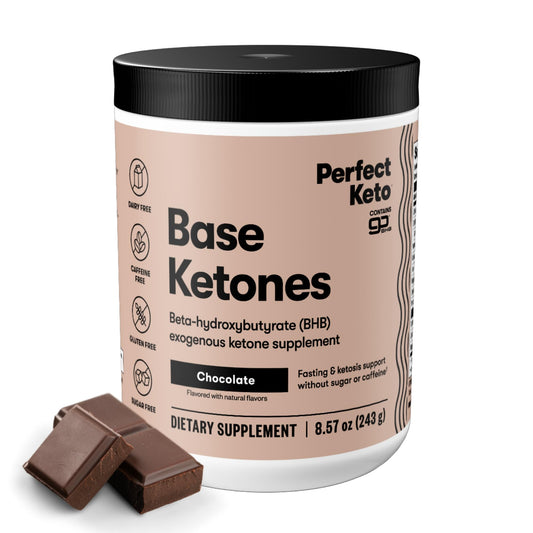 Front of Perfect Keto Exogenous Ketones Powder Chocolate 8.57 oz bottle