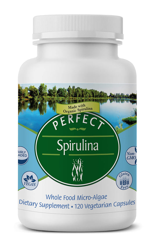 Bottle of Perfect Spirulina 120 organic veggie capsules