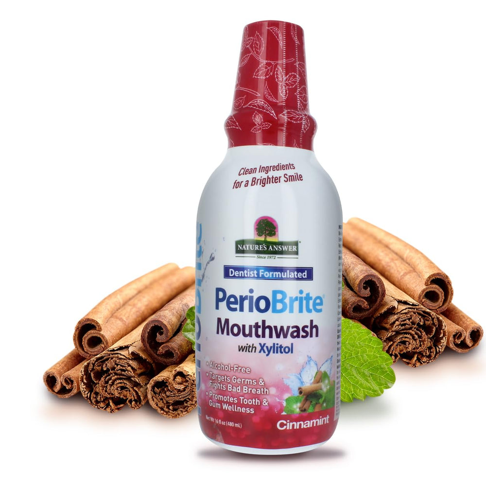 Front view of PerioBrite Cinnamon Mouthwash bottle (16 oz) in a 2-pack