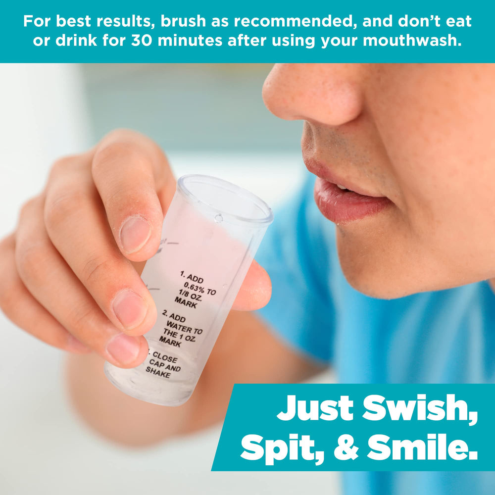 Minty fresh breath concept with mouthwash swish