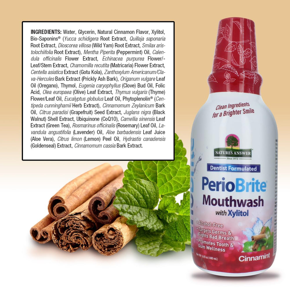 PerioBrite mouthwash ingredients and herbal blend label