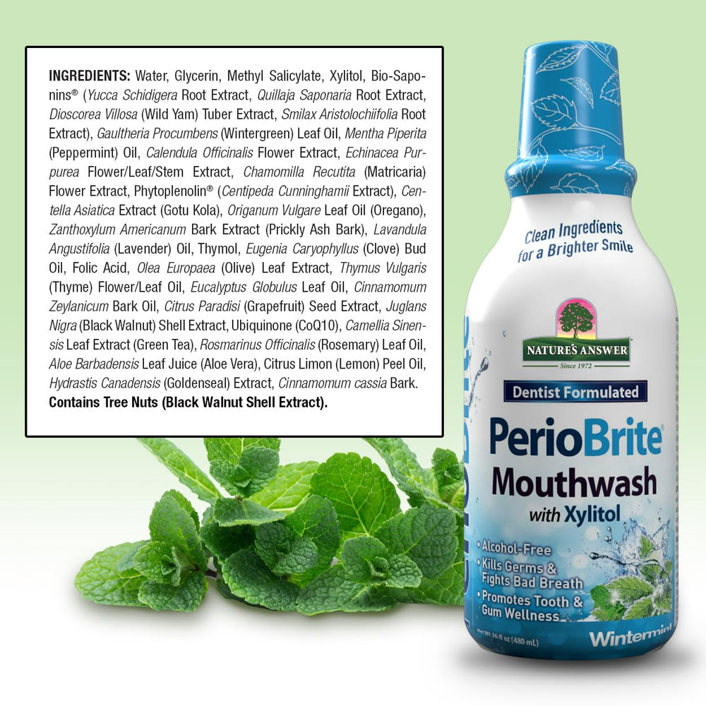 Herbal ingredients and Co-Q10 on PerioBrite packaging