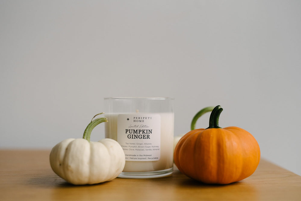 PeripetiHome pumpkin-ginger candle burn time up to 55 hours for long-lasting fragrance.