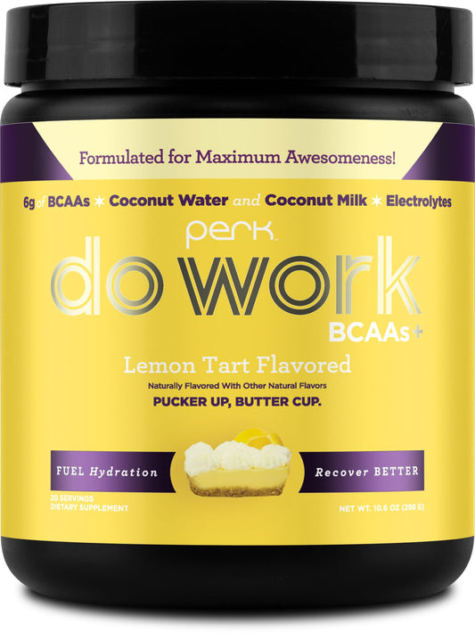 Front view of Perk BCAAs + Hydration Electrolytes Lemon Tart bottle with 20 servings