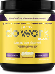 Front view of Perk BCAAs + Hydration Electrolytes Lemon Tart bottle with 20 servings