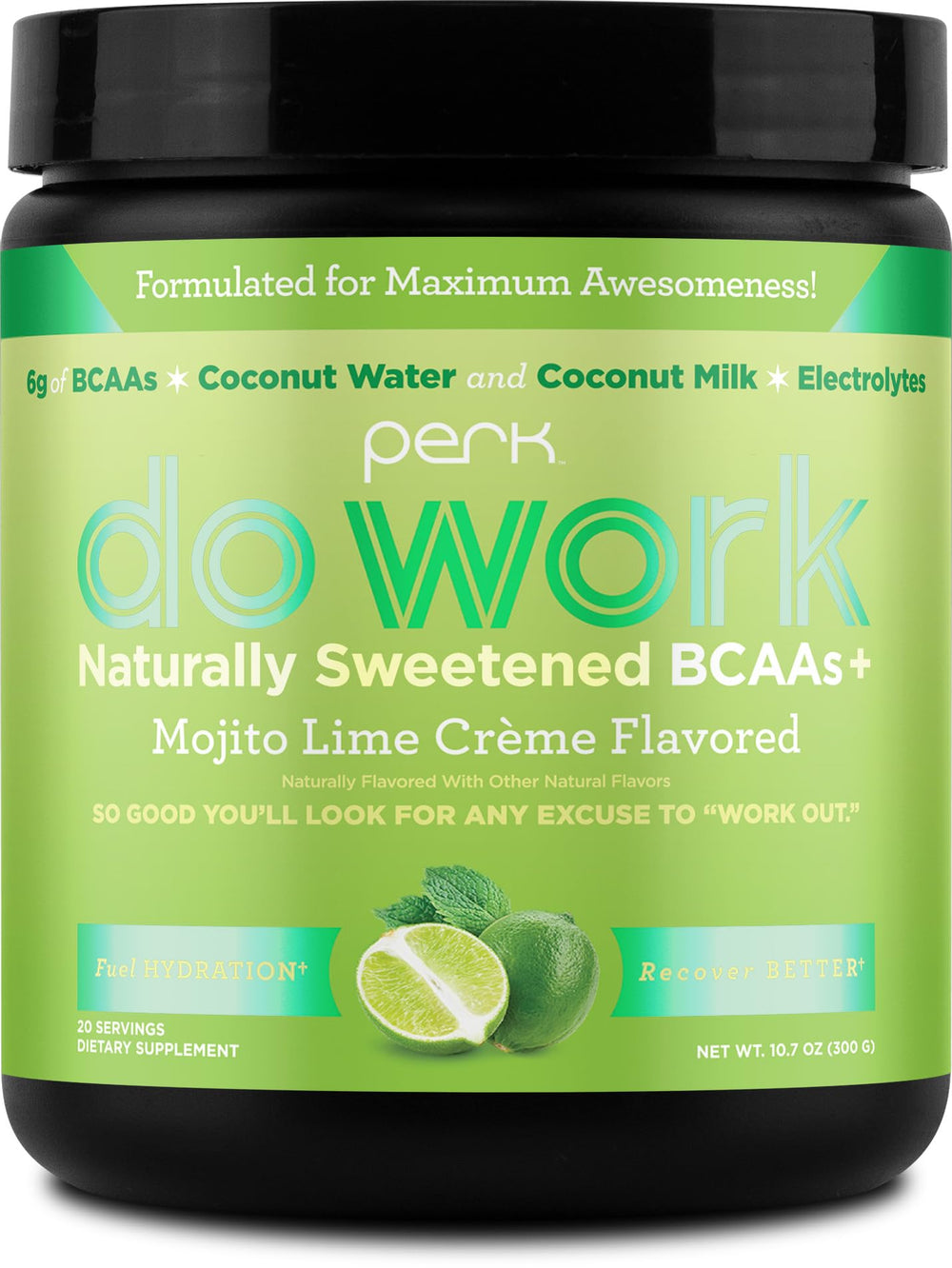 Perk Do Work BCAAs Mojito Lime Creme bottle front