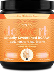 Perk Do Work BCAAs Peach Buttercream flavor bottle with scoop