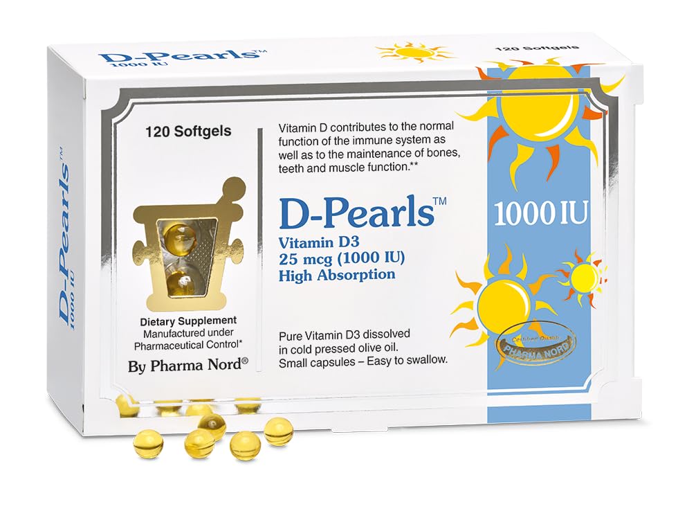 Pharma Nord D-Pearls Vitamin D3 25 mcg (1000 IU) bottle with 120 softgels