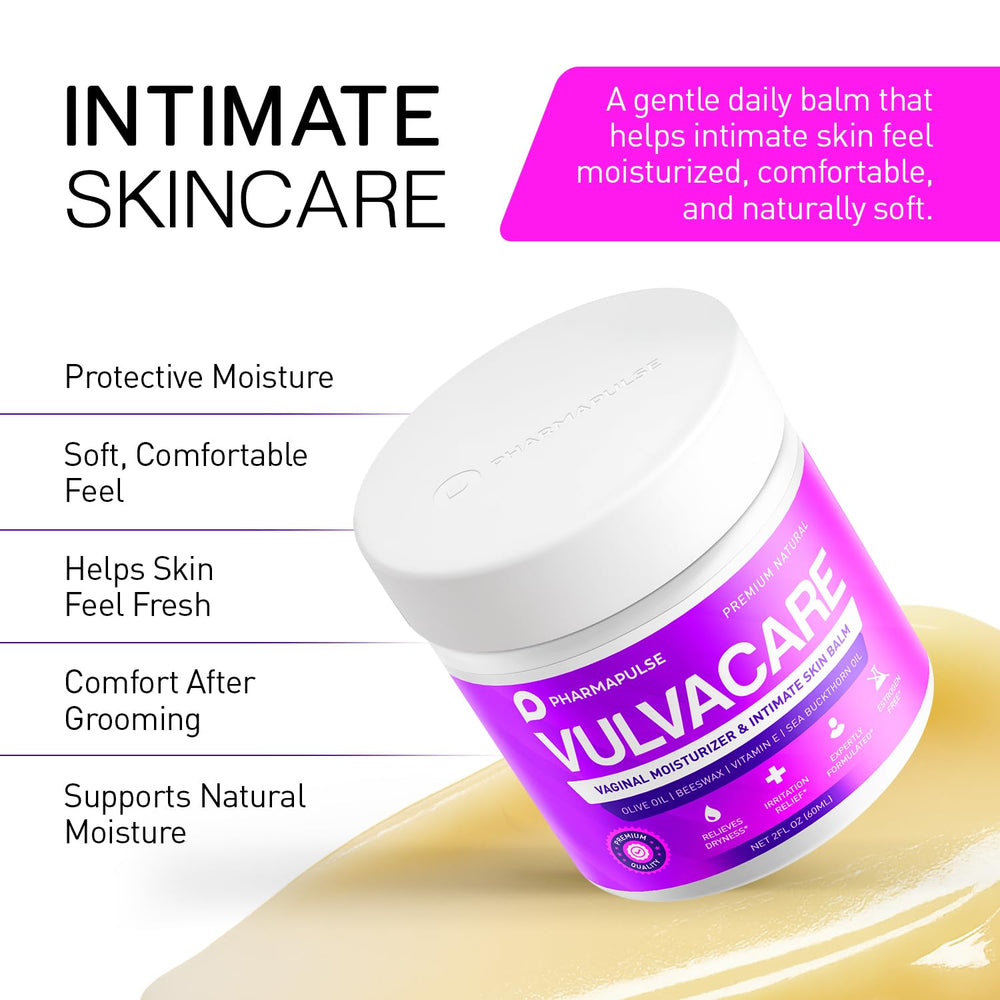 Pharmapulse packaging closeup communicates clean, safe intimate skincare.
