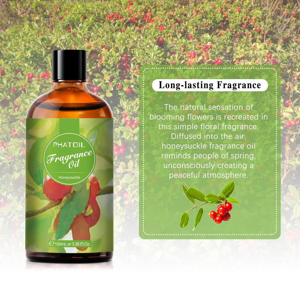 Honeysuckle fragrance oil bottle beside a diffuser