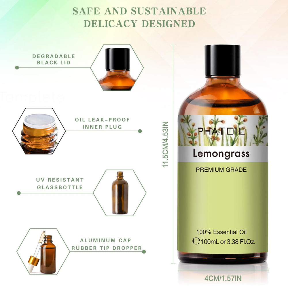 Close-up of PHATOIL lemongrass essential oil amber bottle