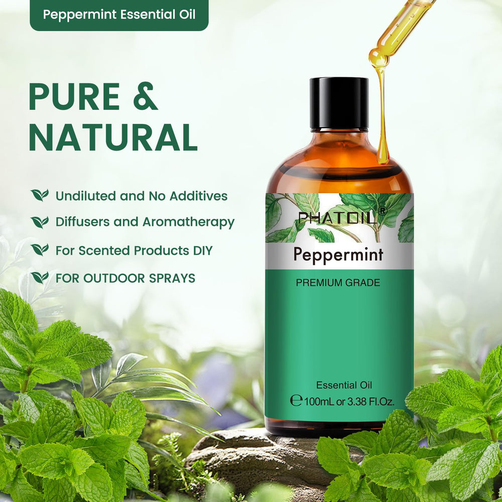 Amber bottle close-up shows built-in dropper for PHATOIL Peppermint Essential Oil