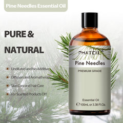 Close-up of PHATOIL Pine Needle Essential Oil label