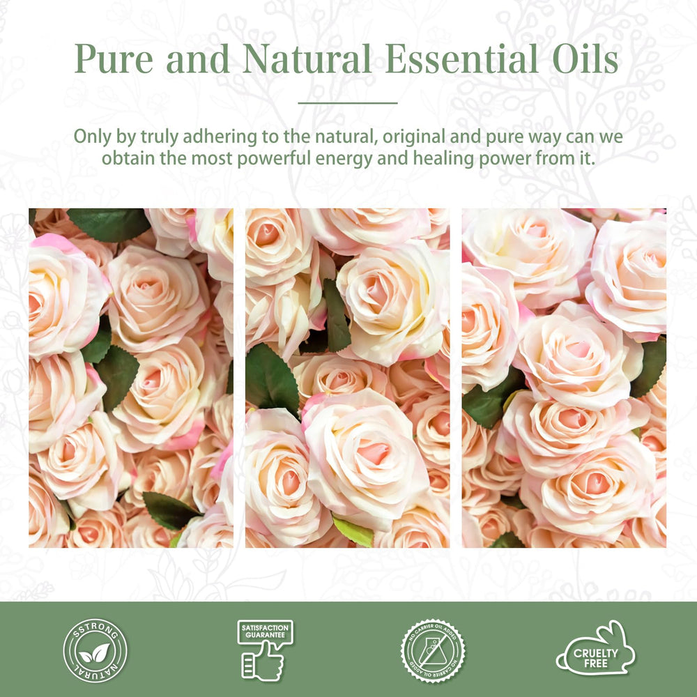 Close-up of dropper and label on rose essential oil bottle