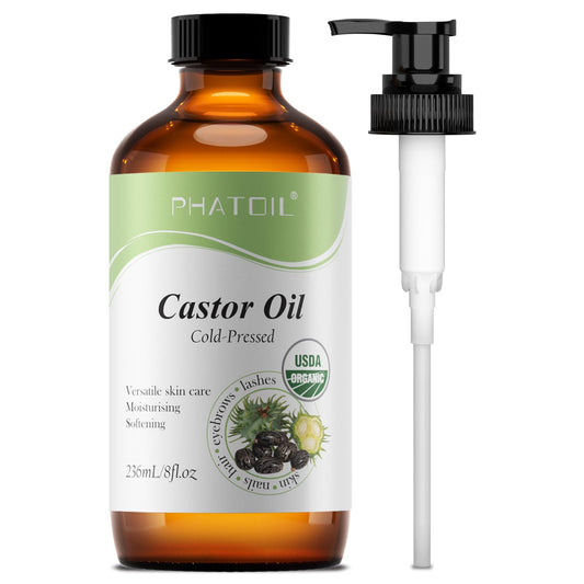 PHATOIL Organic Castor Oil bottle with pump in glass container
