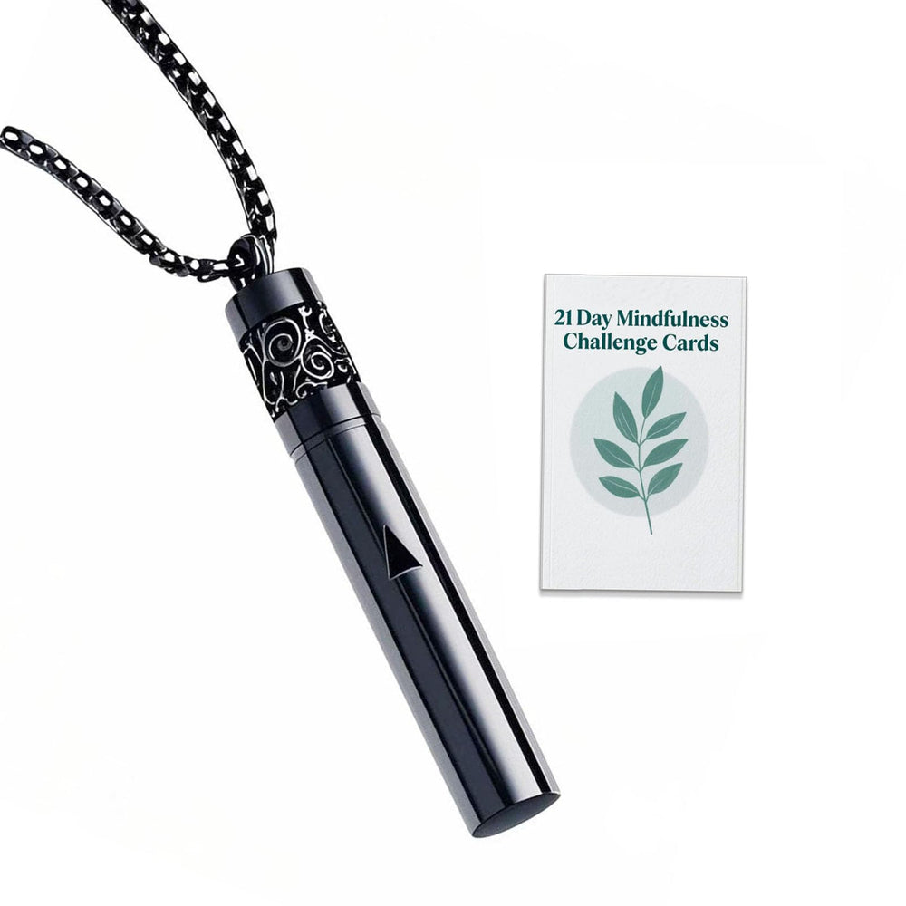 Front view of phaxud Mindfulness Breathing Necklace in black stainless steel