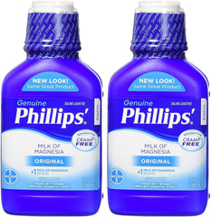 Phillips' Milk of Magnesia original bottle front view showing two-bottle convenience for overnight relief