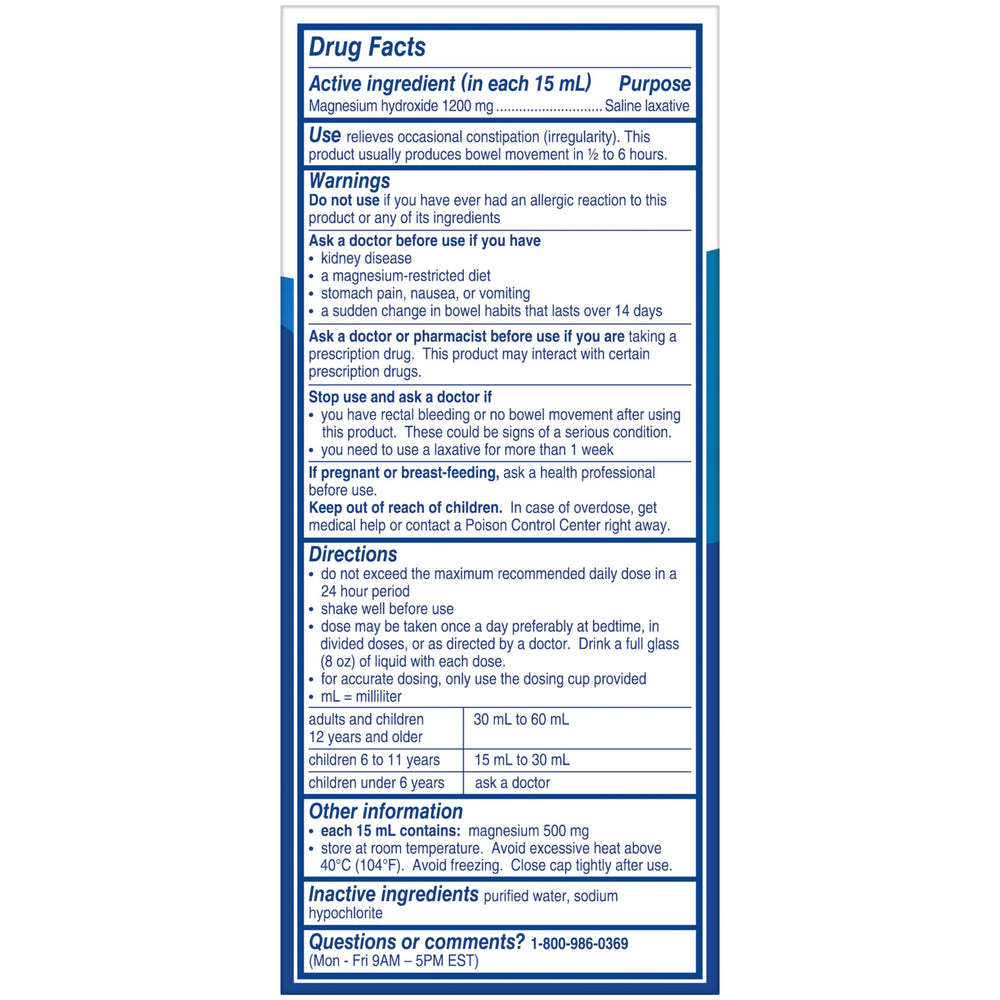 Phillips' Milk of Magnesia label highlights its non-stimulant formula for gentle relief.